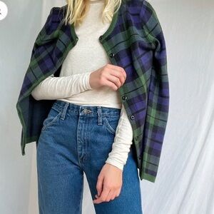 JEFFREY BANKS Blue and Green Plaid Checkered Sweater Cardigan